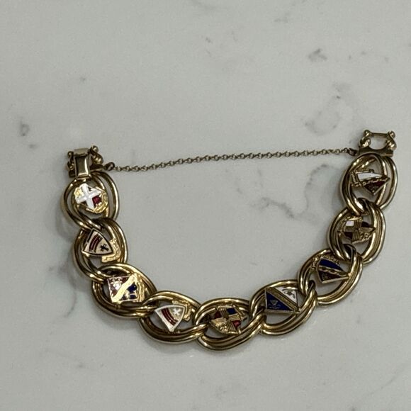 Vintage Gold Tone Heraldic Enamel Shield Link Bracelet 7" - Picture 12 of 14